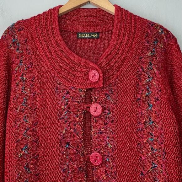 Gizel Cardigan Plus Size 1X Artsy Red Button Sweater Lagenlook Wearable Art - Picture 3 of 9